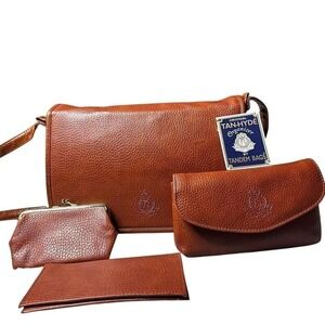 VTG NWT Tandem Bags Tan-Hyde Organizer Crossbody Set Cognac Brown 4 Piece Purse
